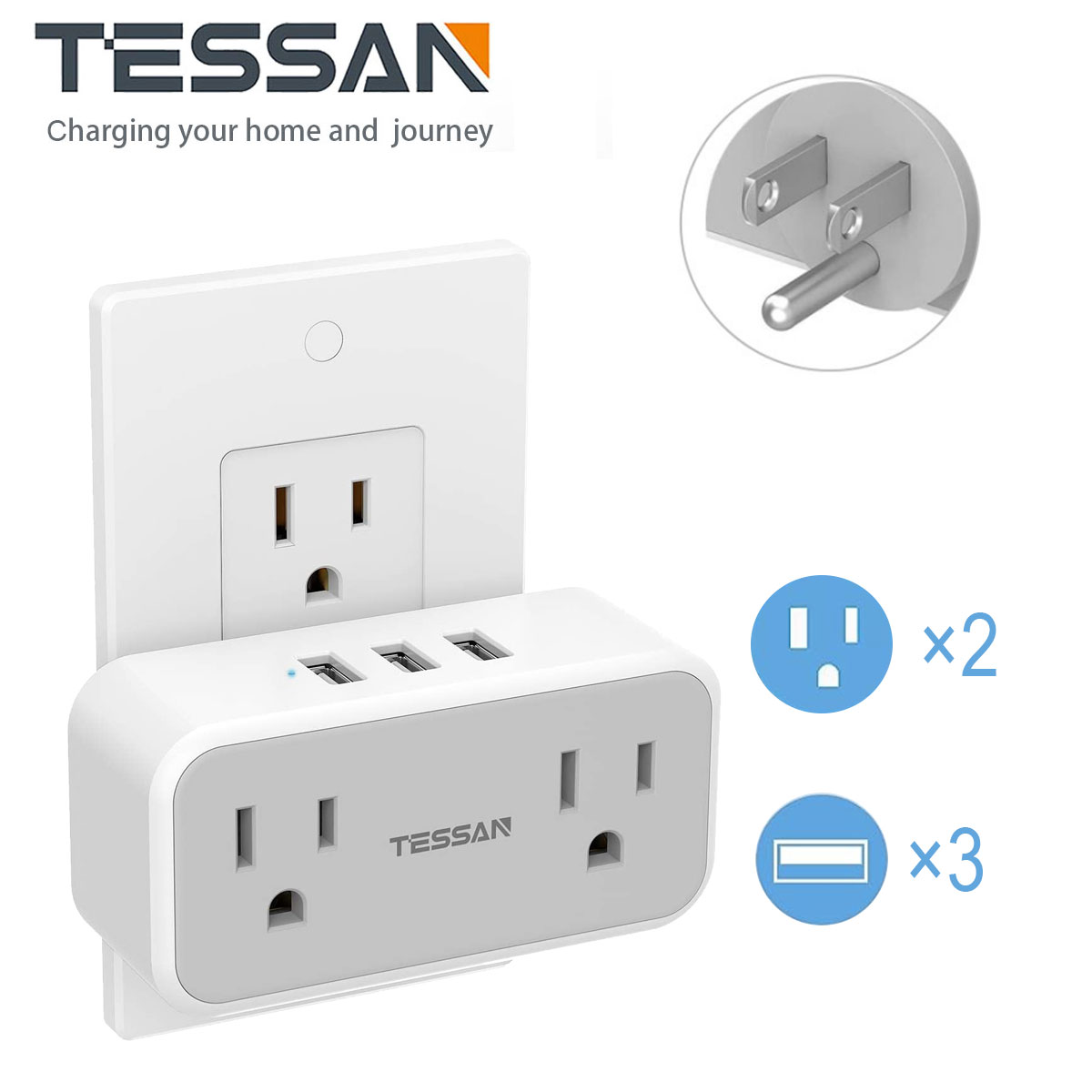 TESSAN Multi Electrical Outlet Splitter with 2 AC Outlets & 3 USB Wall