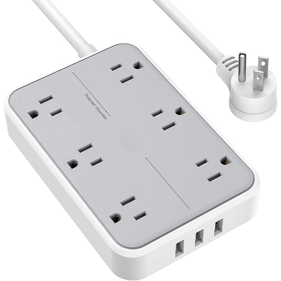 TS-106 Charging Power Strip Surge Adapter with 6 Outlets, 3 USB Ports, 5ft Flat Extension Cable
