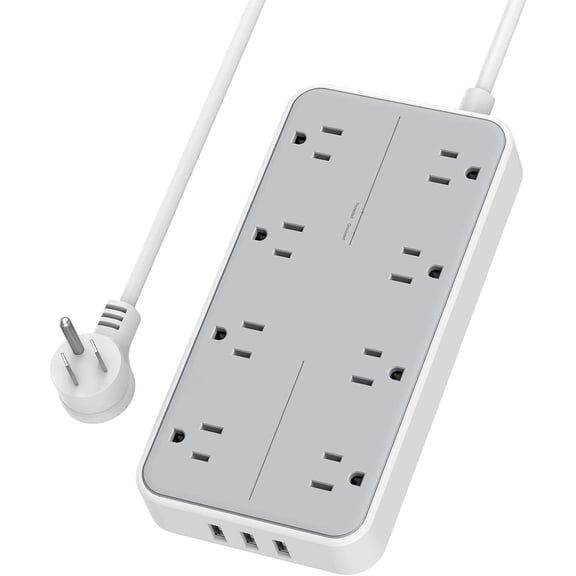 8-Outlet Charging Power Strip, 3 USB Charger, 6ft Extension Cord, Wall Mountable, Surge Protector, Gray