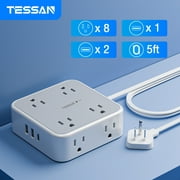 TESSAN Surge Protector Flat Plug Power Strip,5Ft Flat Extension Cord,8 AC Outlets, 3 USB Charger(1 USB C Port) 3-Sided Outlet Extender,900 Joules Protection, Office Supplies, Dorm Room Essentials