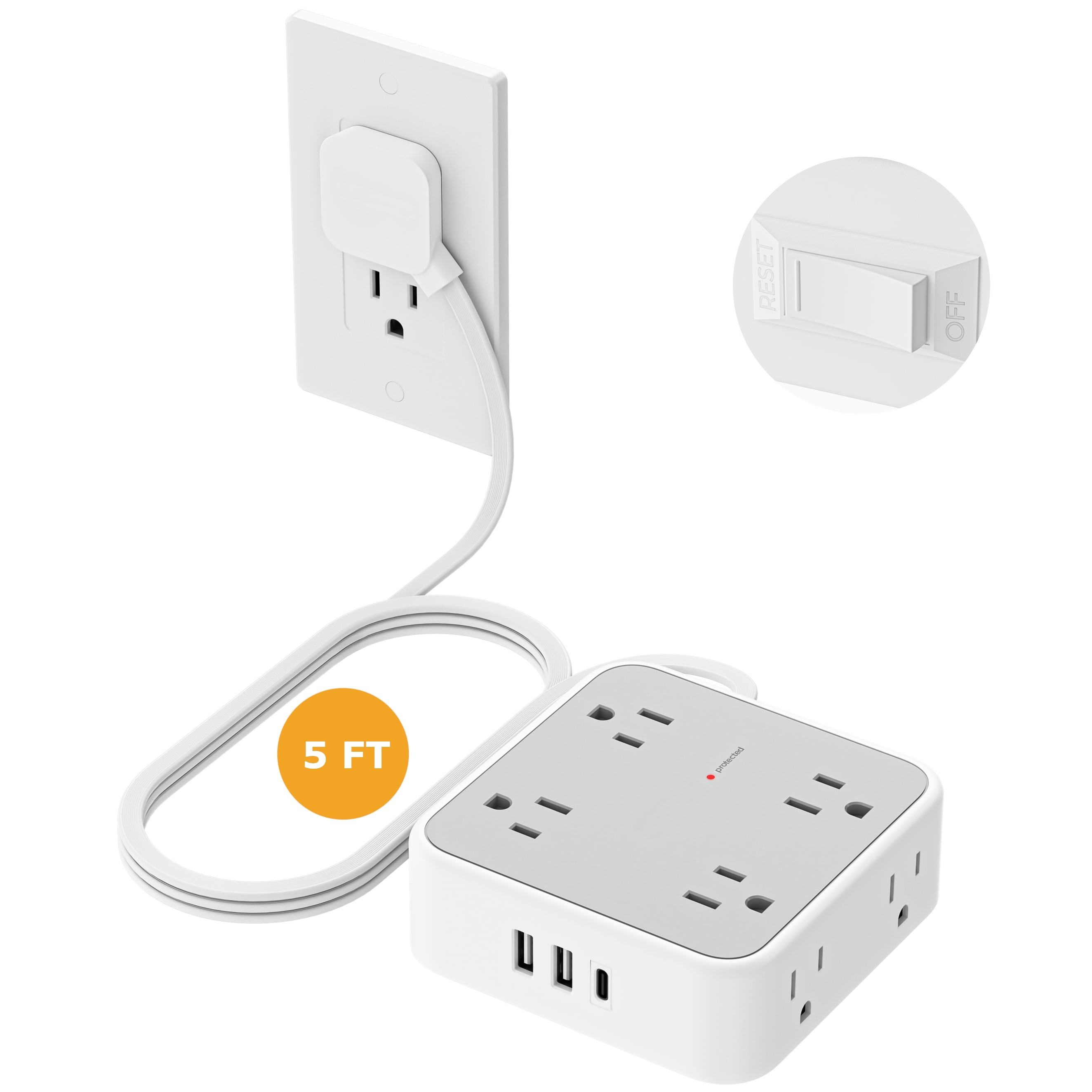 5ft Flat Plug Extension Cord, 8-Outlet Surge Protector Power Strip, 3 USB Ports (1 USB C), Wall Mountable, Gray