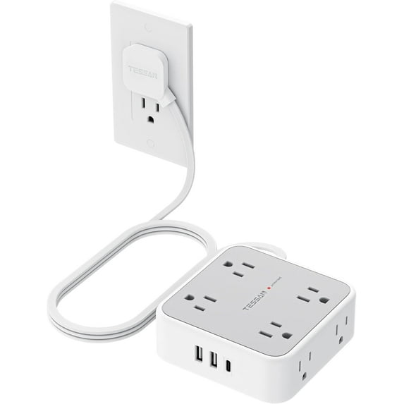 TESSAN Surge Protector Power Strip, 5 Ft Flat Plug Extension Cord with 3 USB (1 USB C) 8 Outlets, 1250W, 900J Protection, 3 Sided Outlet Extender with Power Switch for Office, Dorm Room Essentials