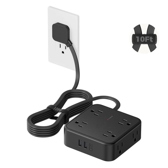 Power Strip with 8 Outlet 3 USB Ports(1 USB-C), Surge Protector with 10ft Flat Extension Cord, Black