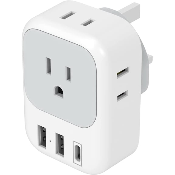 US to UK Type G Travel Plug Adapter with 4 Outlets and 3 USB(1 USB C Port)