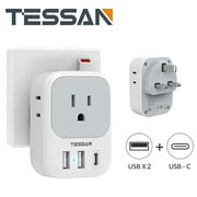 TESSAN Travel Adapter with 3 USB Charger(1 USB C Port), 4 Outlets Power Adaptor for USA to Qatar Ireland Hong Kong