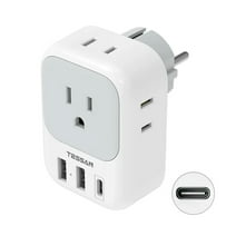 TESSAN Type E/F Power Adapter with 3 USB Ports(1 USB C), 4 AC Outlets,250 Volts  10A,for Germany France
