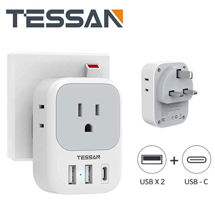 TESSAN US to UK Plug Adapter, Type G Travel Converter with 3 USB