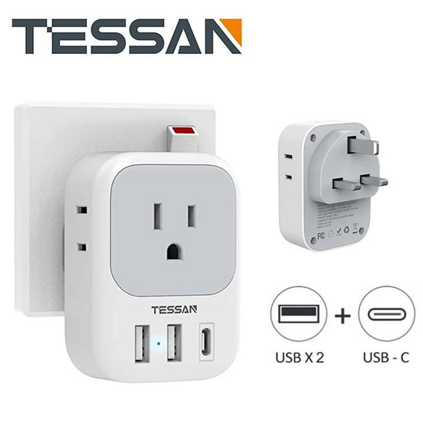 TESSAN US to UK Plug Adapter, Type G Travel Converter with 3 USB