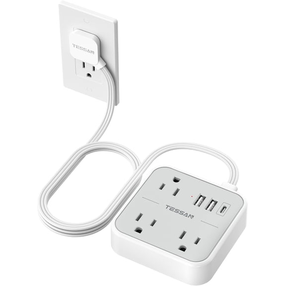 TESSAN Ultra Thin Flat Extension Cord 5 FT, Slim Power Strip with USB Ports (1 USB C), Surge Protector Flat Plug Wall Charger with 3 Outlets for Office, School, Dorm Room Essentials