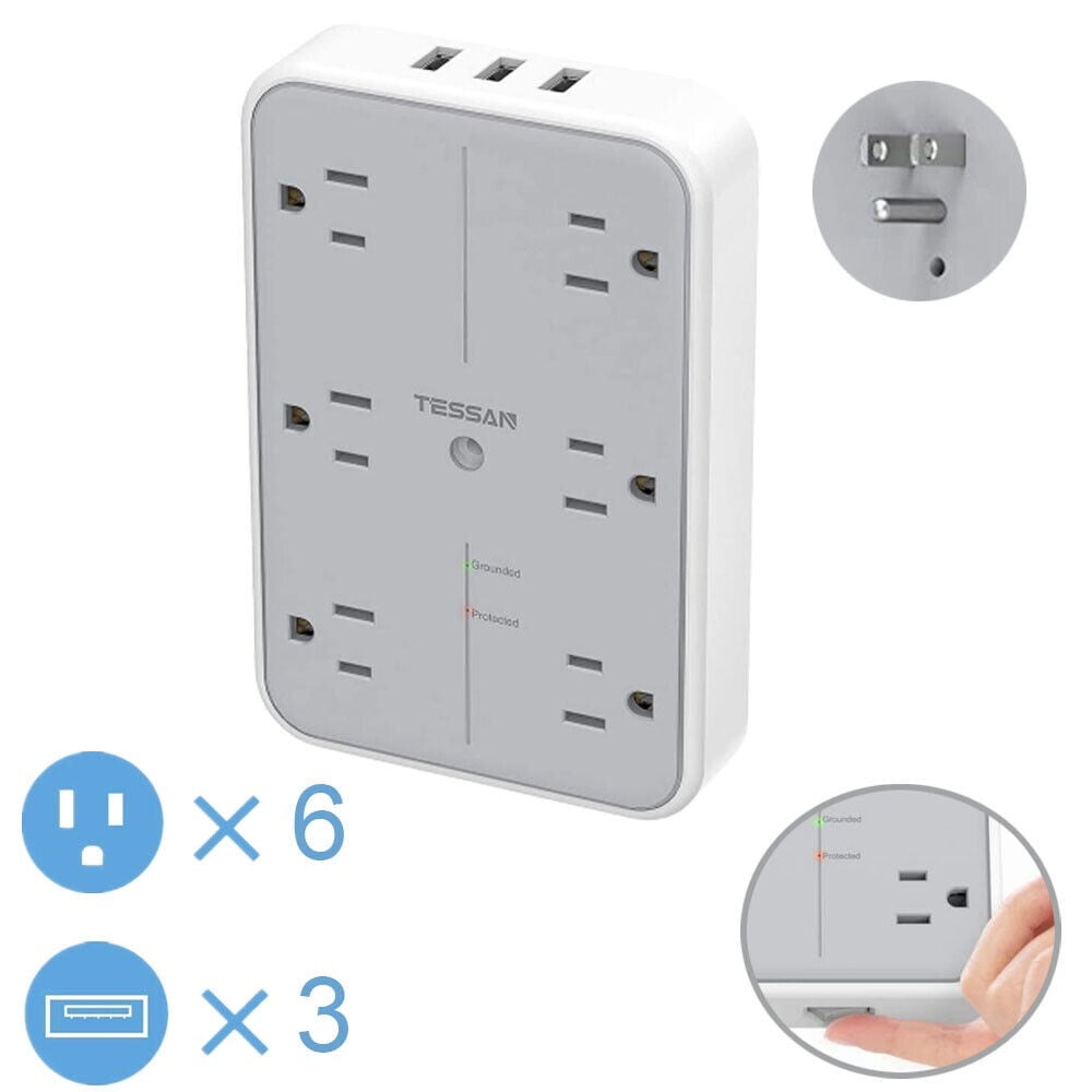 TESSAN Wall Outlet with Switch, 6 Widely Spaced Outlets 3 USB Ports,1080 Joules Multiple Plug