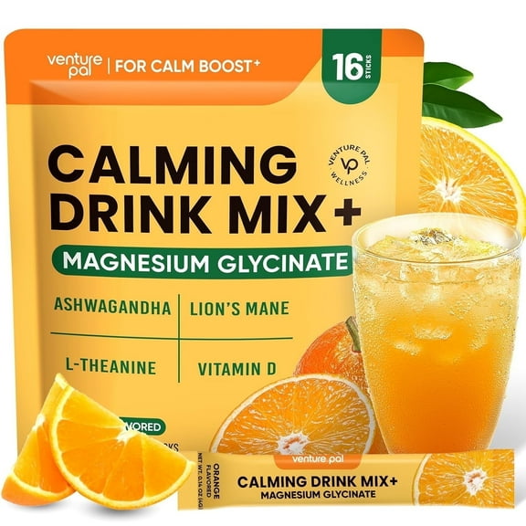 Venture Pal Calming Powdered Drink Mix, Magnesium Glycinate, Ashwagandha, L-Theanine,Vitamin D, Lions Mane, Sugar Free Magnesium Blend, Non GMO, Vegan, On The Go