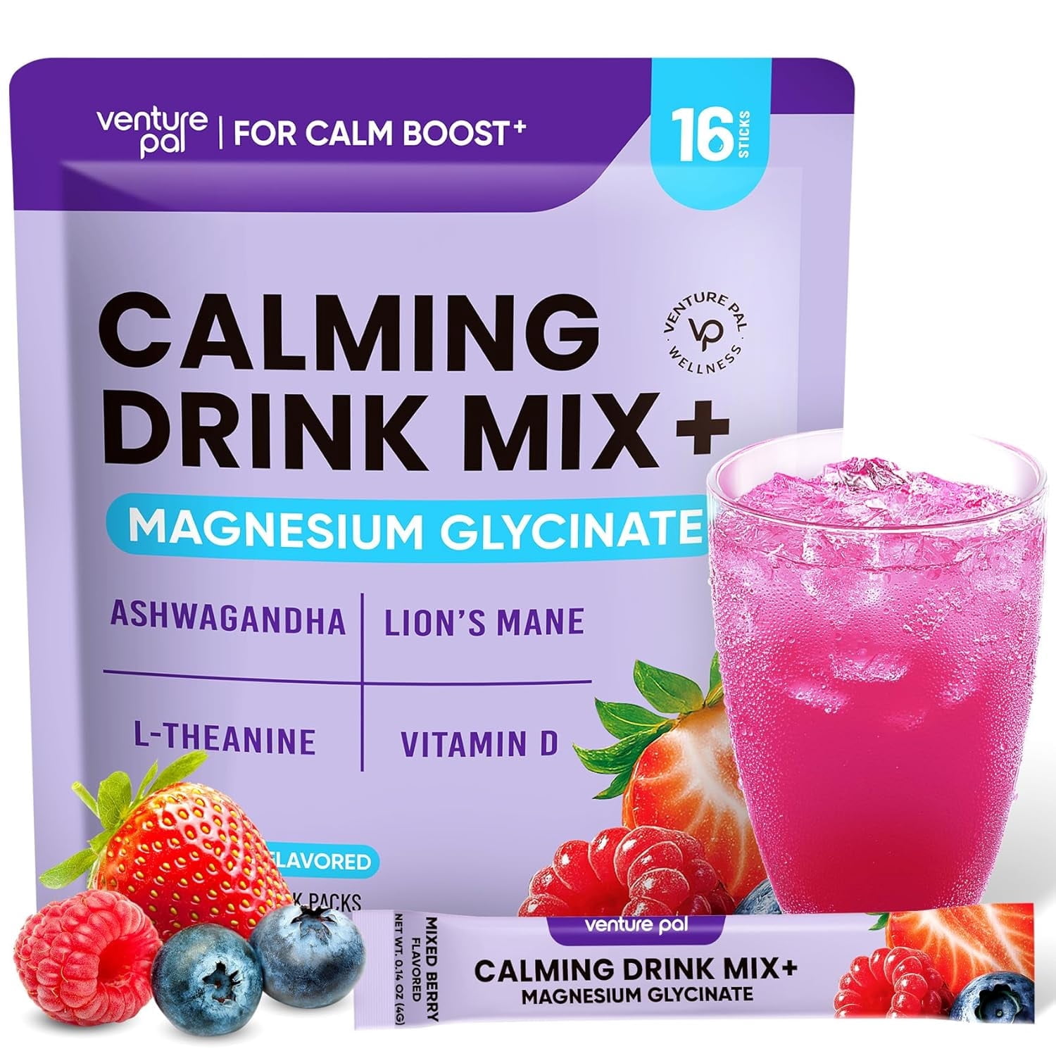 Venture Pal Calming Powdered Drink Mix, Magnesium Glycinate, Ashwagandha, L-Theanine,Vitamin D, Lions Mane, Sugar Free Magnesium Supplement Blend for Relax & Focus, Non GMO, Vegan, On The Go
