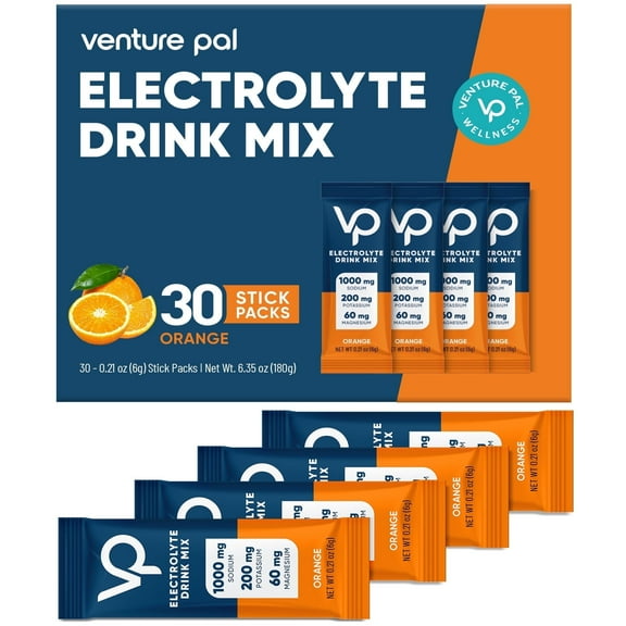 Venture Pal High Sodium Sugar Free Electrolytes Powder Packet - Hydration Packets with Vitamin, Sodium & Potassium | Zero Calories | Vegan, Keto & Paleo Friendly Electrolyte Drink Mix-30 Sticks