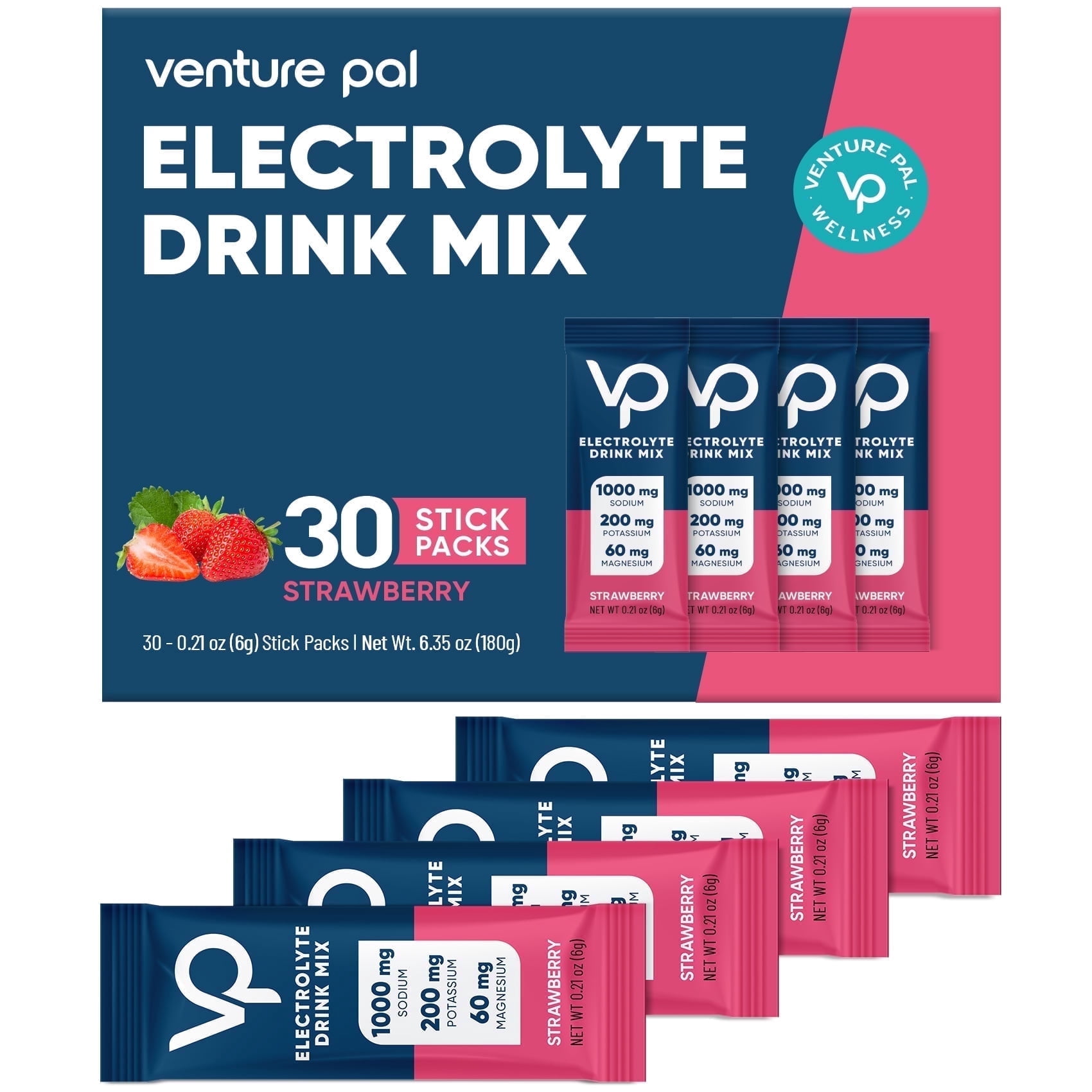 Venture Pal High Sodium Sugar Free Electrolytes Powder Packet - Hydration with Vitamin, Sodium & Potassium, Zero Calories, Vegan, Keto & Paleo Friendly 30 stick
