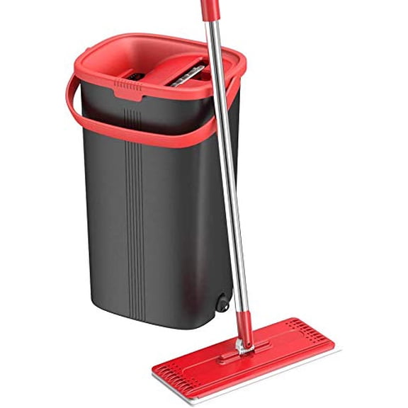 Tethys Flat Floor Mop and Bucket Set for Professional Home Floor Cleaning System with Aluminum Handle/2-Washable Microfiber Pads Perfect Home + Kitchen Cleaner for Hardwood, Laminate, Tiles, Vinyl