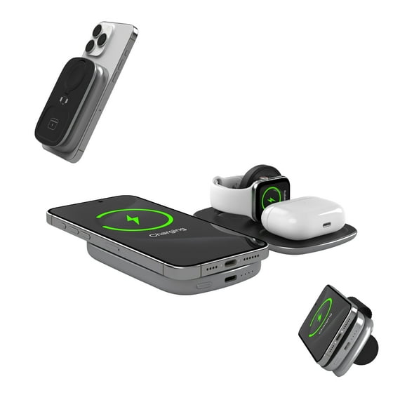 TETON 3 in 1 wireless charger with 5000mAh Power Bank,15W foldable wireless charging station for Multiple Devices,Magsafe travel charger stand for iPhone 16/15/14/13 Samsung, Apple watch & Airpods