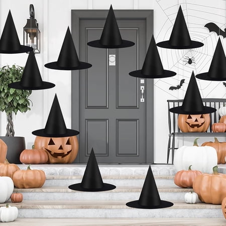 TETOU 10 PCS 15In Halloween Decorations Witch Hats Costume Accessory,Thickened Hanging Black Wizard Hat with Rope for Porch Ceiling Yard Indoor Outdoor Halloween Party Decor price history and forecast - Tetou