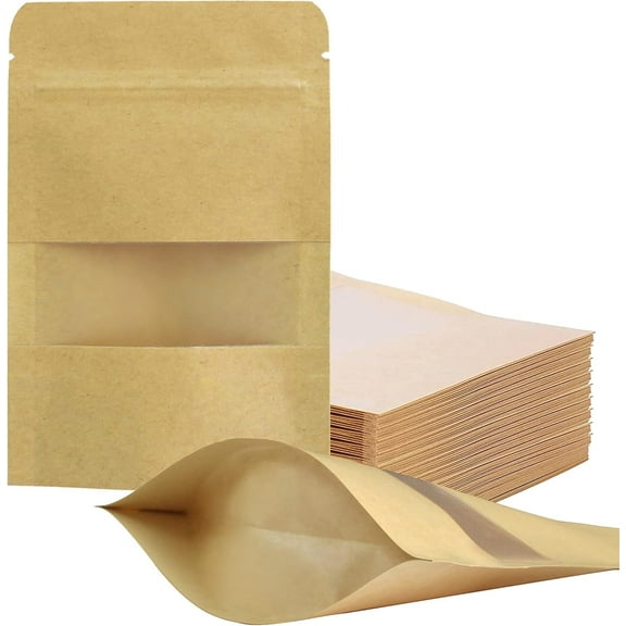 TETOU 100pcs Resealable bags 3.5*5.5" Stand Up Kraft Paper Bags Zip Lock Food Storage Bags for Packaging Products