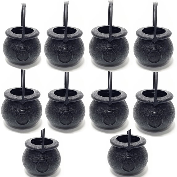 TETOU 10Pcs Mini Candy Cauldron Kettles, Plastic Hallowe'en Candy Bucket Witch's Cauldron Trick or Treat for St. Patrick's Day Hallowe'en Decoration and Kid Birthday Party Favors - Witch, Black