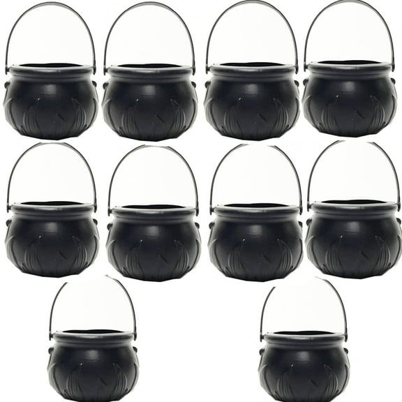 TETOU 10Pcs Mini Candy Cauldron Kettles, Plastic Halloween Candy Bucket Witch's Cauldron Trick or Treat for St. Patrick's Day Halloween Decoration and Kid Birthday Party Favors - Flame, Black
