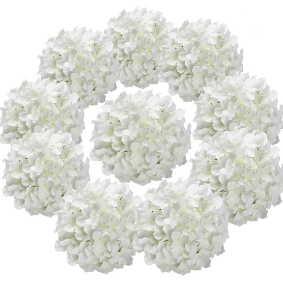 TETOU 10Pcs Silk Hydrangea Heads, Artificial Flowers Heads Fake Flower with Stems for Home Wedding Family Party Decoration - White