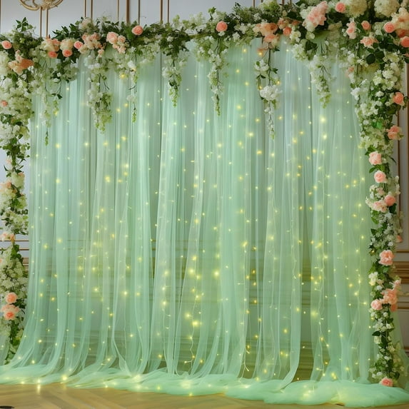 TETOU 10x10ft Tulle Backdrop Curtain with Lights String, Sheer Backdrop Curtains for Wedding Baby Shower Birthday Party Photo Shoot Decor - Olive Green