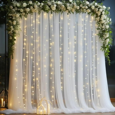 TETOU 10x10ft Tulle Backdrop Curtain with Lights String, Sheer Backdrop Curtains for Wedding Baby Shower Birthday Party Photo Shoot Decor - White