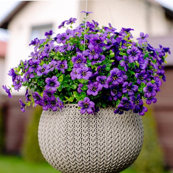 TETOU 12Pcs Artificial Plants Flowers, 13.8*7.5" Fake Silk Colorful Daisy Eucalyptus, UV Resistant Fake Flowers with Plastic Plants for Outside Home Porch Patio Window Yard Decor, Purple
