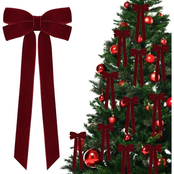 TETOU 12Pcs Burgundy Velvet Ribbon Christmas Bows Decorations,5x10 Inch Xmas Bows Ornaments for Christmas Tree Home Party Staircase Door Wreath Garland Fireplace Mantel Holiday Decor