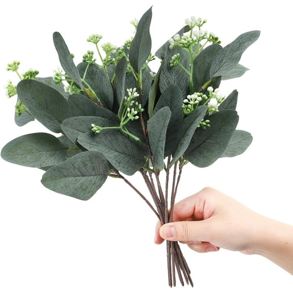 TETOU 12pcs Artificial Eucalyptus Leaves Stems with White Seeds Greenery Plants Flower Arrangement Wedding Home Decor