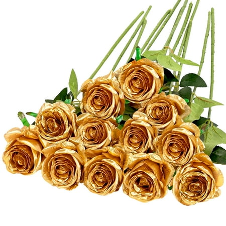 TETOU 12pcs Artificial Rose Flower Silk Fake Roses Real Touch for Party Wedding Centerpiece Bouquet Decor - Gold