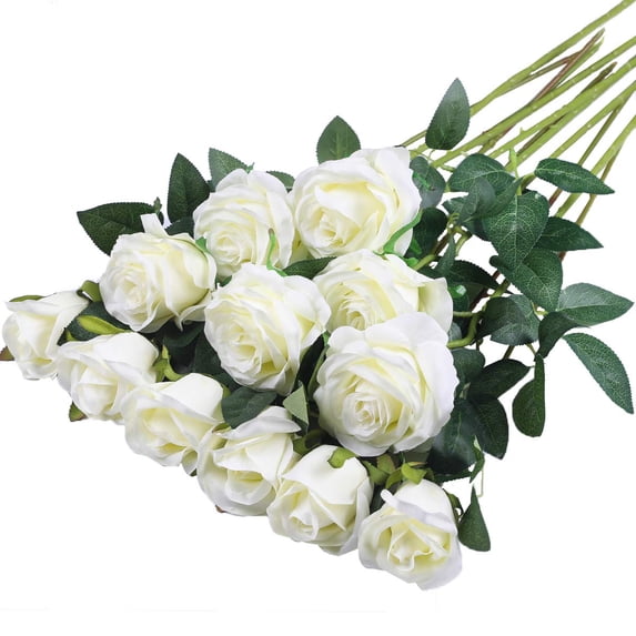TETOU 12pcs Artificial Rose Flower Silk Fake Roses Real Touch for Party Wedding Centerpiece Bouquet Decor - White