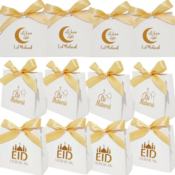 TETOU 12pcs Eid Mubarak Candy Boxes Ramadan Kareem Gift Bags Chocolate Packaging Favors Box - White