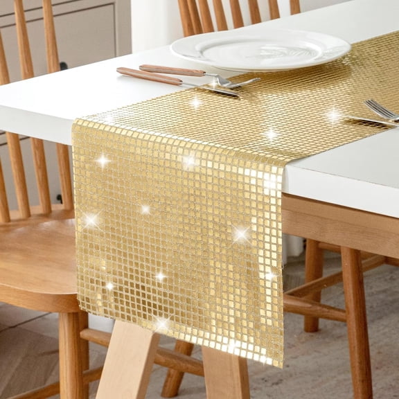 TETOU 13*72" Glitter Disco Party Table Runner, Mirror Table Runner Retro 70s 80s Theme Disco Ball Party Supplies for Birthday Bachelorette Dance Party Decorations - Champagne Gold
