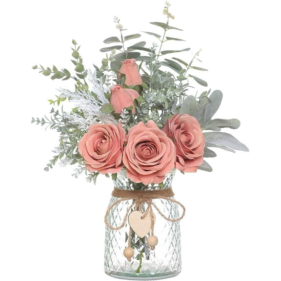 TETOU 14.5*11" Fake Flowers with Vase, Artificial Silk Roses in Vase, Fake Plant Eucalyptus Flower for Home Office Farmhouse Bathroom Dining Table Centerpiece Coffee Table Decor - Dusty Pink