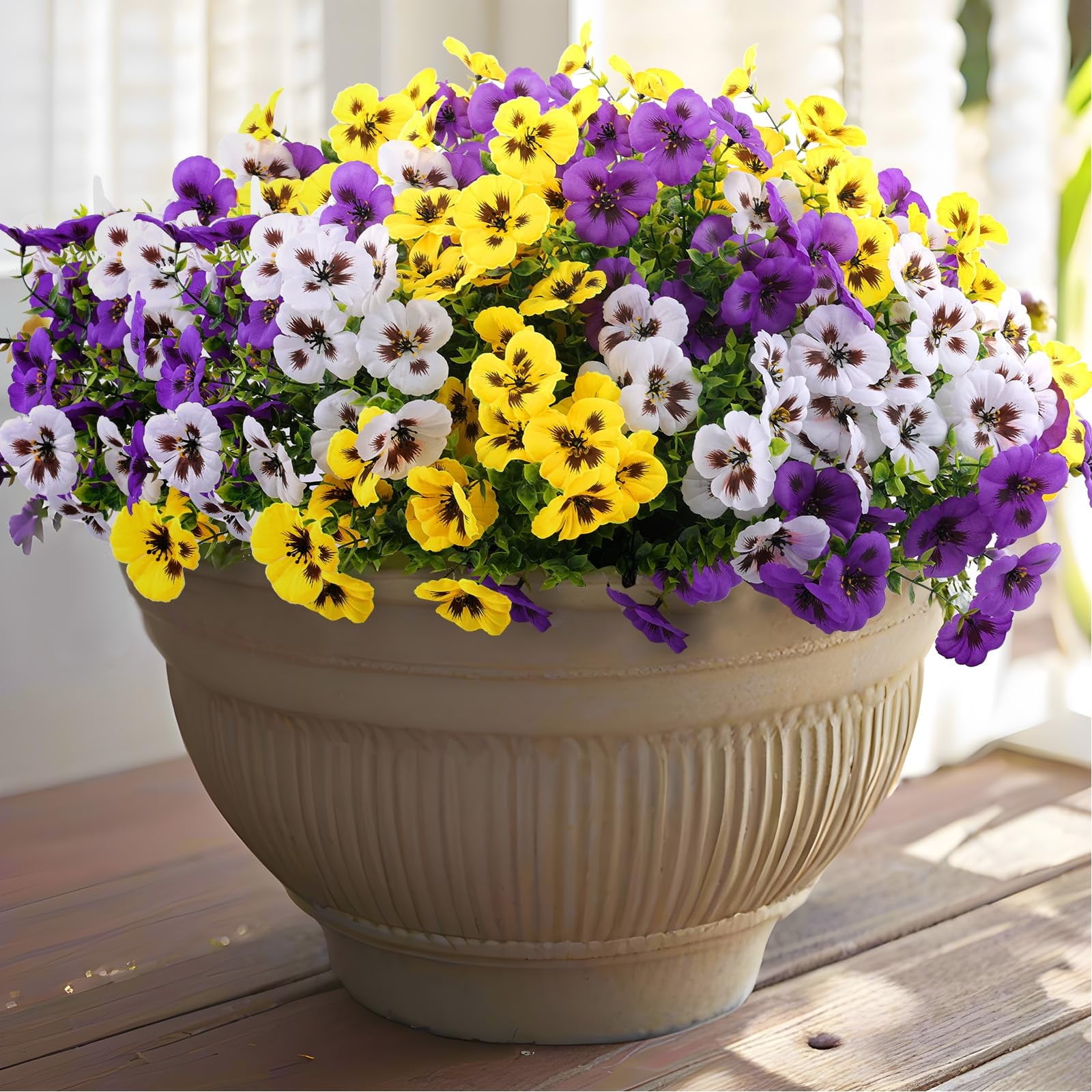 TETOU 15pcs Artificial Flowers for Outdoor Decoration,Fake Silk Colorful Plastic Flowers UV Resistant No Fade for Front Door Garden Yard Balcony Spring Summer Farmhouse Decor(Purple, Yellow, White)