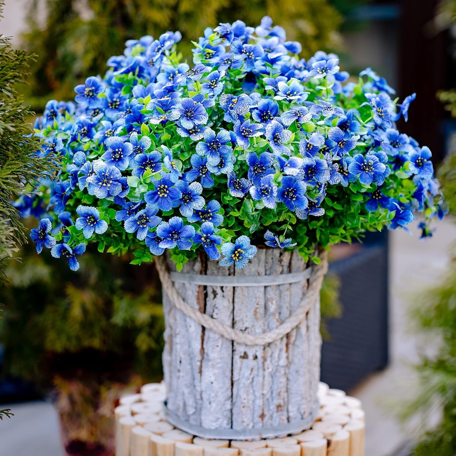 TETOU 16Pcs Artificial Plants Flowers, 13.8*7.5" Fake Silk Colorful Daisy Eucalyptus, UV Resistant Fake Flowers with Plastic Plants for Outside Home Porch Patio Window Yard Decor, Blue
