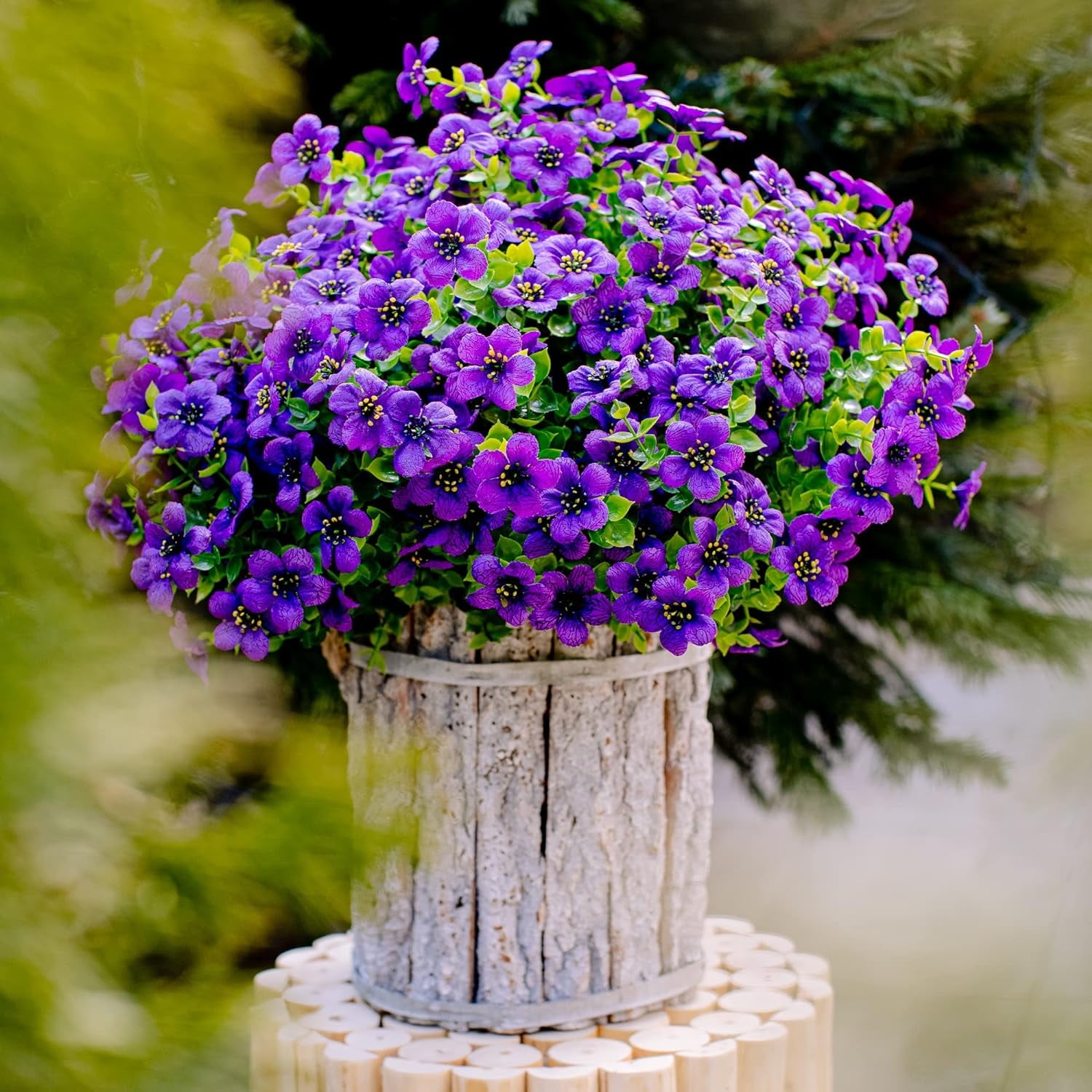 TETOU 16Pcs Artificial Plants Flowers, 13.8*7.5" Fake Silk Colorful Daisy Eucalyptus, UV Resistant Fake Flowers with Plastic Plants for Outside Home Porch Patio Window Yard Decor, Purple