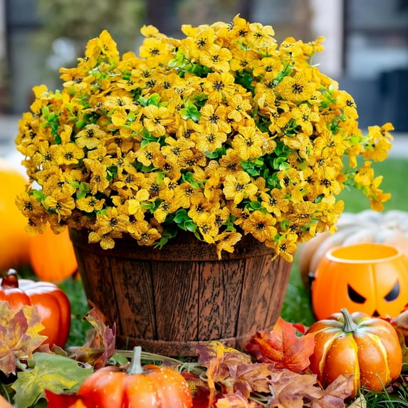 TETOU 16Pcs Artificial Plants Flowers, 13.8*7.5" Fake Silk Colorful Daisy Eucalyptus, UV Resistant Fake Flowers with Plastic Plants for Outside Home Porch Patio Window Yard Decor, Yellow