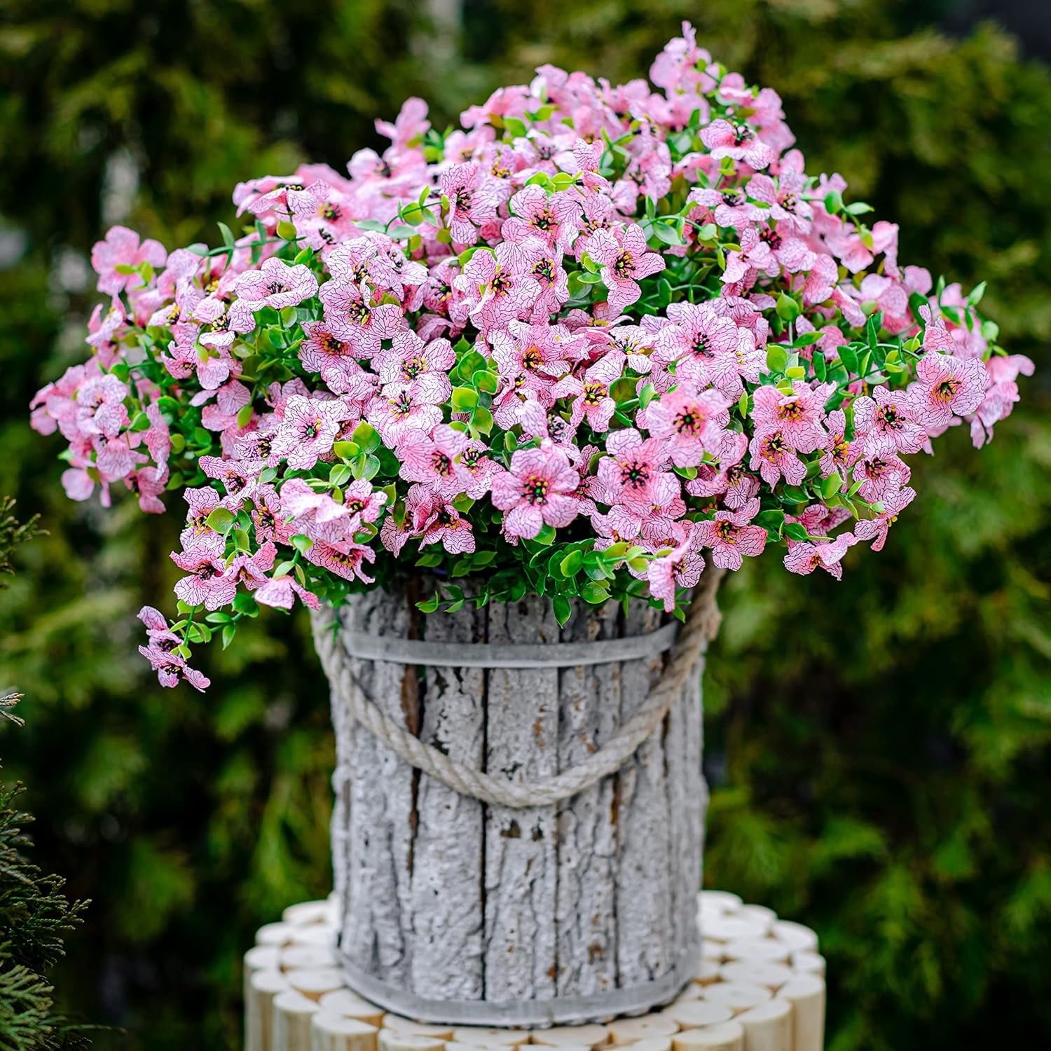TETOU 16Pcs Artificial Plants Flowers, 13.8*7.5" Fake Silk Colorful Daisy Eucalyptus, UV Resistant Fake Flowers with Plastic Plants for Outside Home Porch Patio Window Yard Decor, Pink