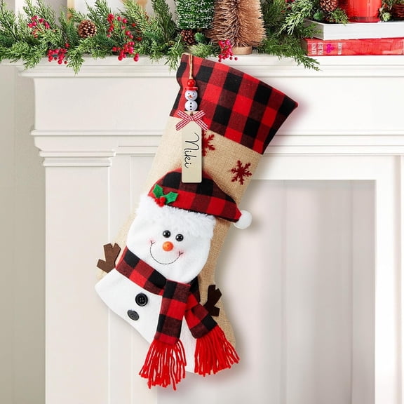 TETOU 18" Christmas Stocking, Burlap Plaid Xmas Stocking with Personalized Name Tag & 3D cartoon Character Santa Snowman Elk Gnome, Christmas Decoration for Indoor Family Kids Holiday Party-Snowman