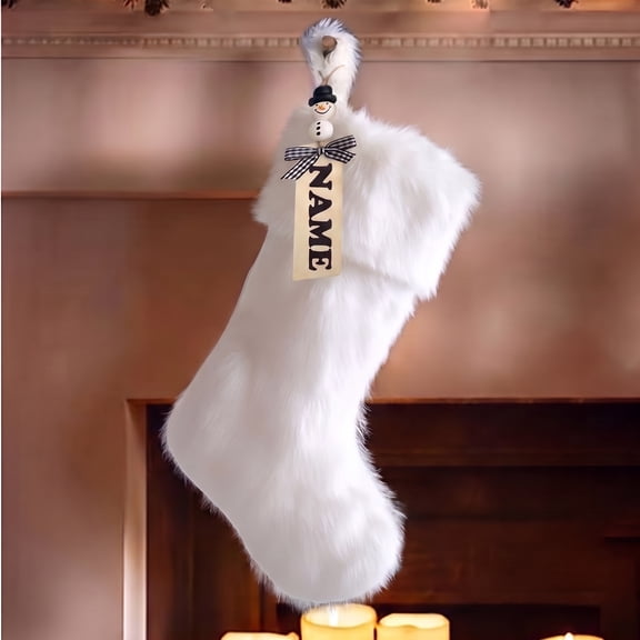 TETOU 18'' White Christmas Stockings, Large Faux Fur Xmas Stockings with Personalized Name Tag, Lovely Stockings Christmas Decorations Hanging Ornaments for Xmas Trees Home Fireplace Holiday Gift