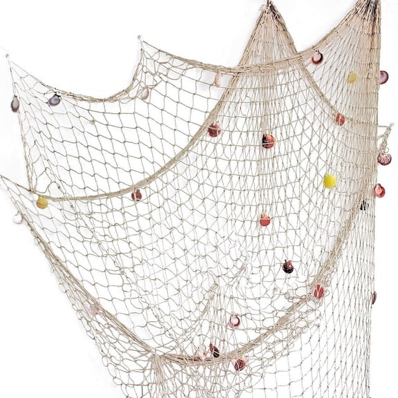 TETOU 1Pc Nature Fish Net with Shells Cotton Fishing Net Wall Decoration for Ocean Themed Pira'te Party, Hawaiian Beach Party Decor-Beige