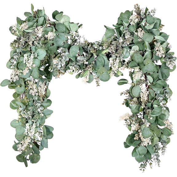 TETOU 1Pcs Artificial Eucalyptus Garland,6.56Ft Lush Silver Dollar Leaves Boxwood Faux Greenery Vines for Home Party Table Mantle Fireplace Holiday Sping Decorations(White Buds)