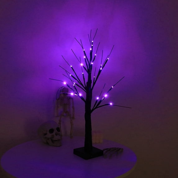 TETOU 1pc-24inch Halloween Birch Tree Decorations with Timer,Total 24 LED Battery Operated Tabletop Artificial Black Spooky Tree Hallowe'en Decorations for Indoor Home Holiday Party-Purple