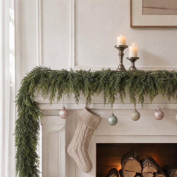 TETOU 2pc 9ft Christmas Cedar Garland,Artificial Realistic Cedar Pine Needles Greenery Garland for Christmas Holiday Winter Wall Mantle Fireplace Table Indoor Decor