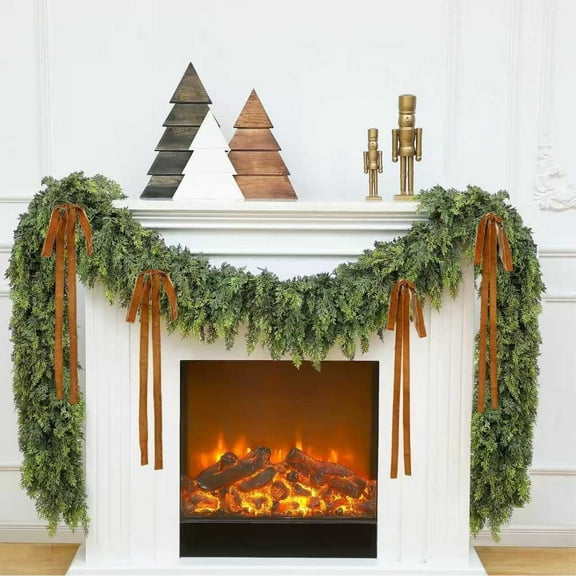 TETOU 1pc 9ft Christmas Cedar Garland with Christmas Swag Bow,Artificial Realistic Soft and Thickness Green Faux Full Cedar Pine Garland for Fireplace Mantel Doorframe Indoor Outdoor Xmas Decor