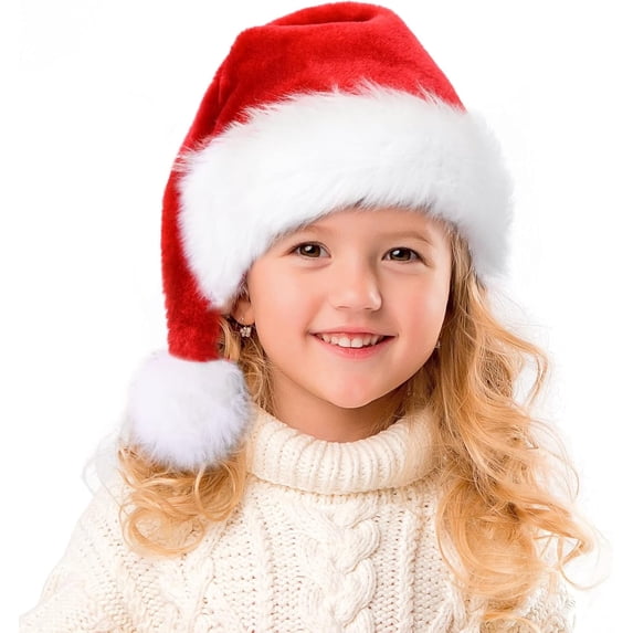 TETOU 1pc Christmas Hat for Child,Red and White Fur Plush Velvet Santa Hat for Kids Christmas New Year Festive Party