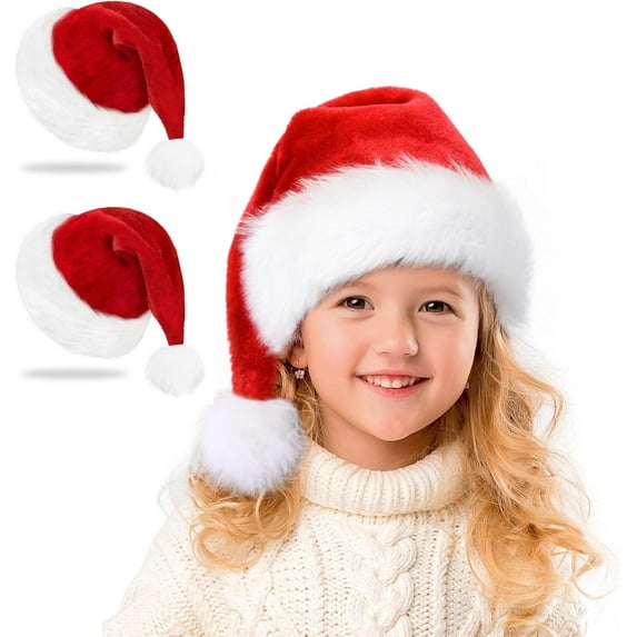 TETOU 2pcs Christmas Hat for Child,Red and White Fur Plush Velvet Santa Hat for Kids Christmas New Year Festive Party Decoration