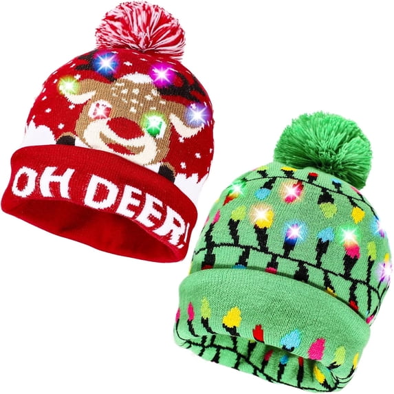 TETOU 2 Pack Light Up Christmas Hat,Cute Cartoon Design Xmas Knitted Beanie Hat with Light for Adults Kids Christmas Gift New Years Party Decoration(Style B)